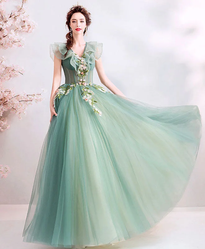 women's eco-friendly dressesGreen V Neck Tulle Lace Long Prom Dress, Green Evening Dress