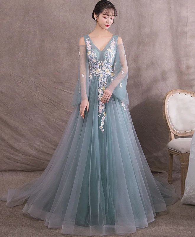 women's luxury dressesGreen V Neck Tulle Lace Long Prom Dress, Gray Green Evening Dress