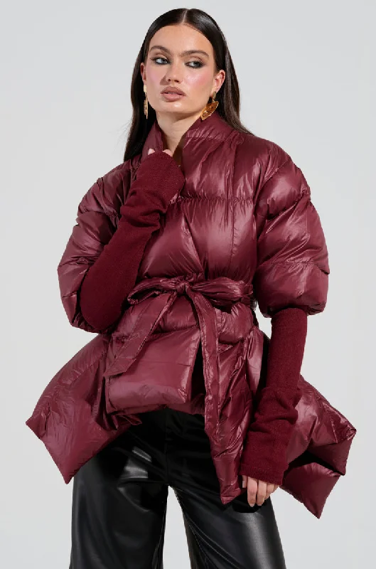 women's coats for those who love to experiment with fashionRIB SLEEVE PEPLUM PUFFER IN BURGUNDY