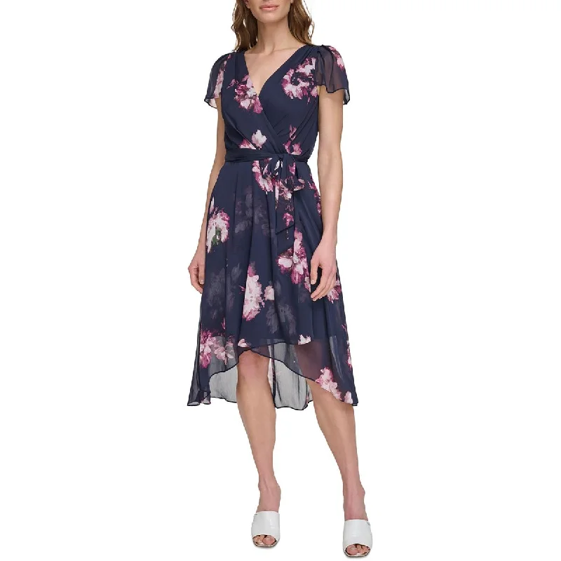 women's short-sleeved dressesDKNY Womens Petites Floral Print Crepe Midi Dress