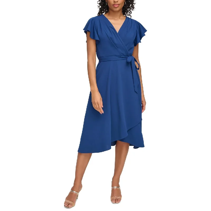 women's denim dressesDKNY Womens Faux Wrap Pleated Midi Dress