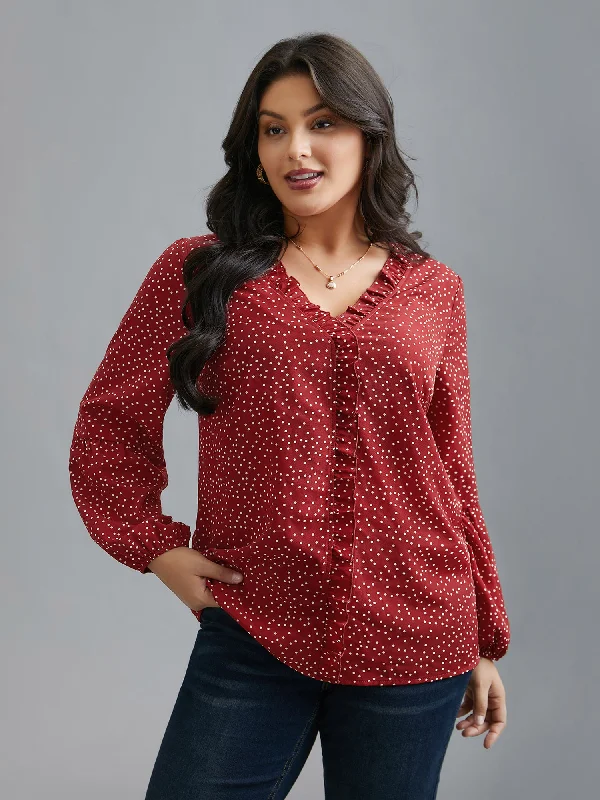 women's tops for cocktail partiesV-Neck Polka Dot Ruffled Blouse