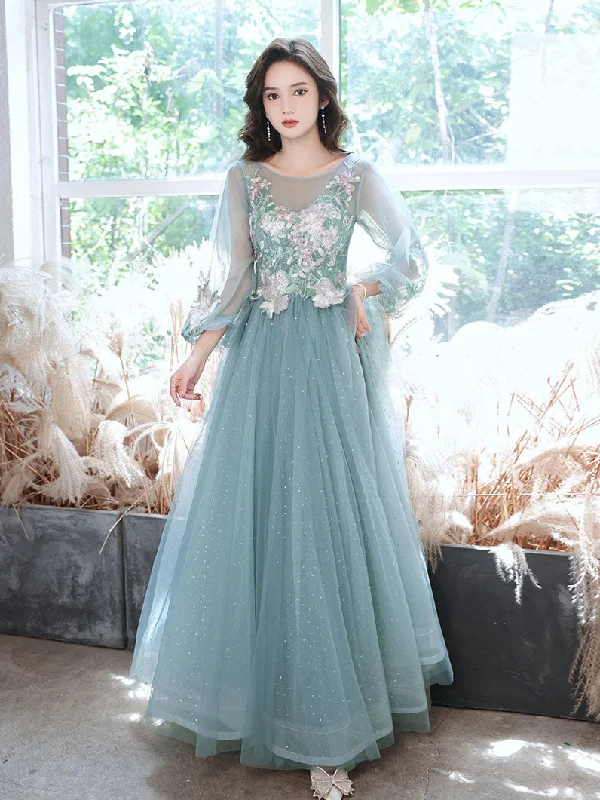 Bell-Sleeve DressGreen Round Neck Tulle Lace Long Prom Dress, Green Evening Dress