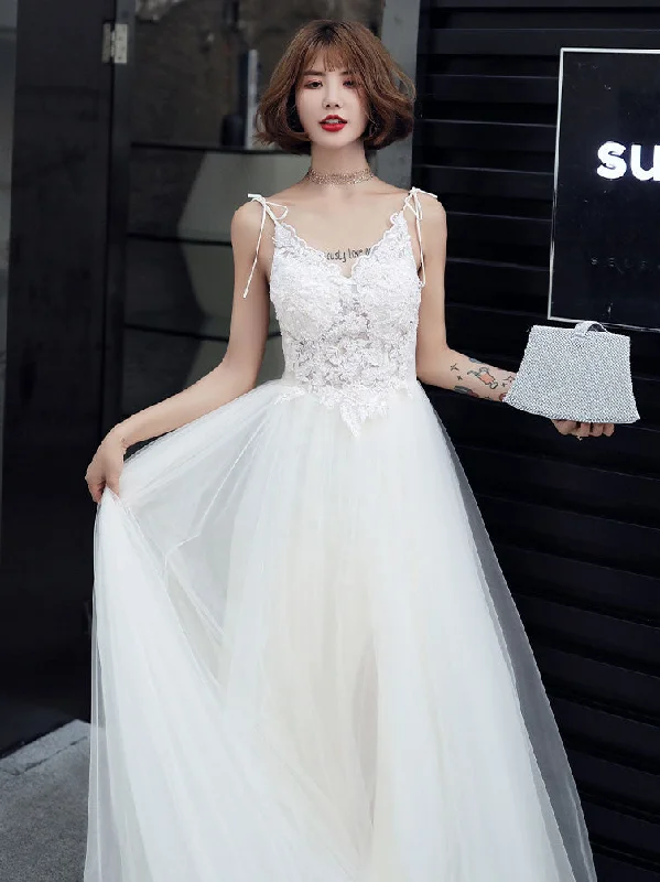 Neon DressWhite V Neck Tulle Lace Long Prom Dress, White Evening Dress