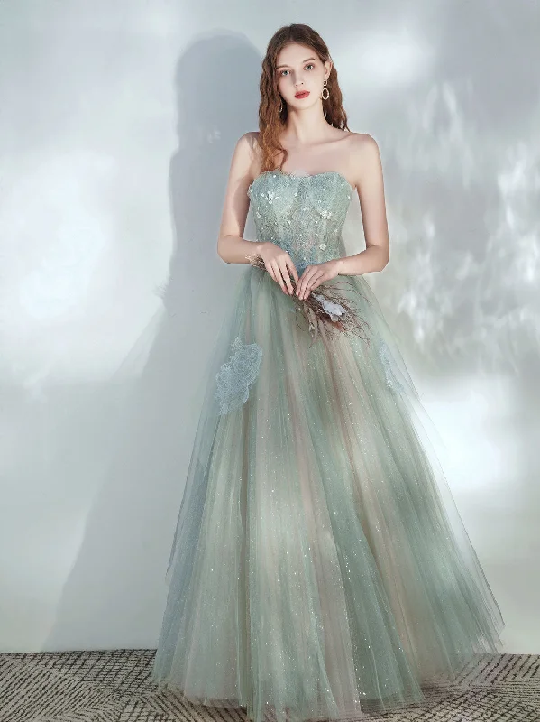 Silk DressGreen Tulle Lace Long Prom Dress, Green Tulle Evening Dress