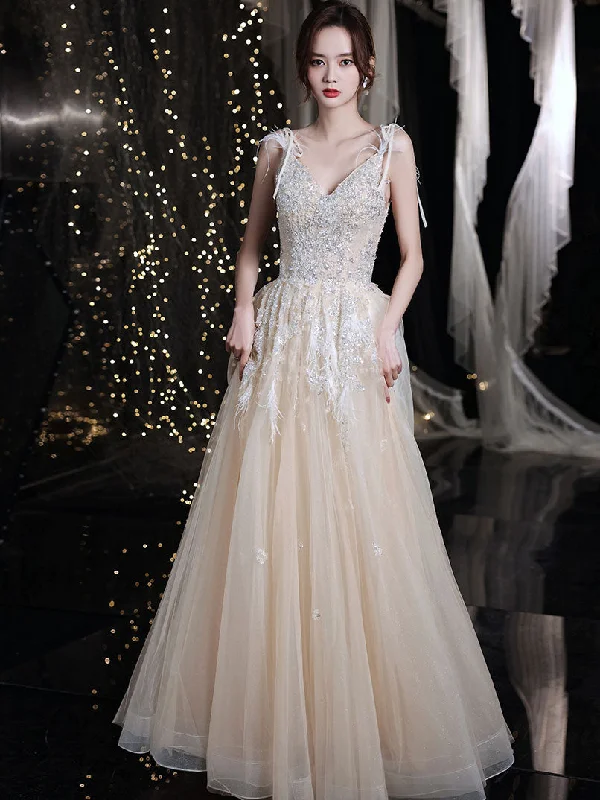 Ball Gown DressChampagne V Neck Tulle Sequin Lace Long Prom Dress, Champagne Evening Dress