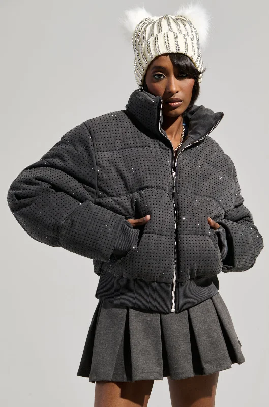 women's coats with belted waistsHOUDINI RHINESTONE PUFFER