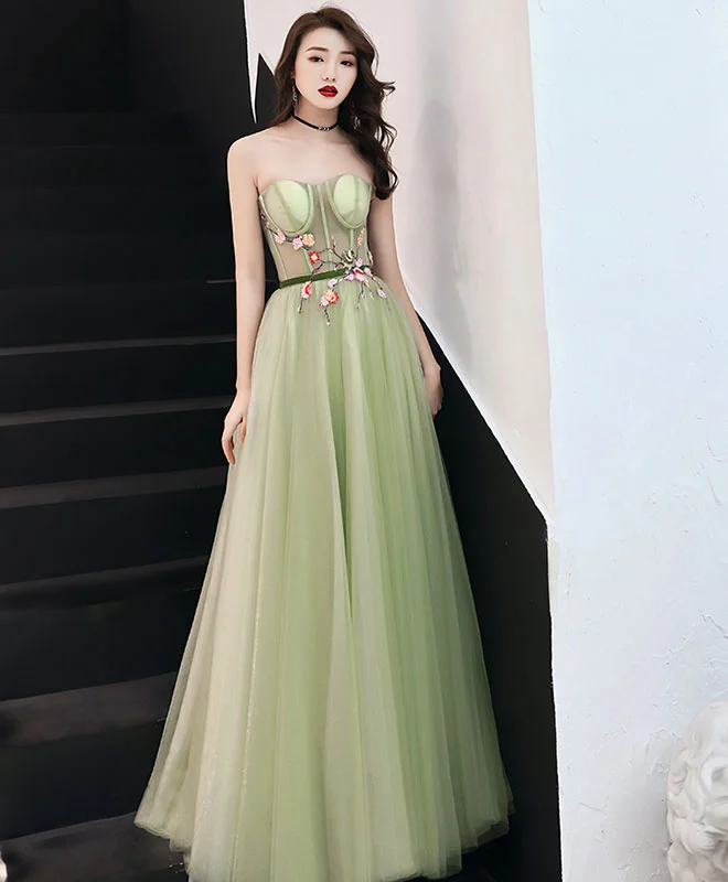 women's glam dressesSimple Sweetheart Neck Tulle Long Prom Dress, Green Evening Dress