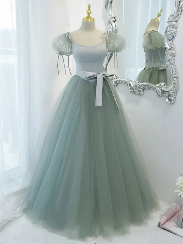 Empire DressGreen Round Neck Tulle Long Prom Dress, Green Evening Dress