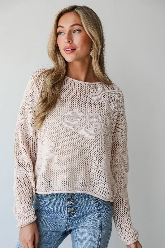 women's tops with lace-up frontsDarling Forecast Beige Floral Lightweight Knit Sweater