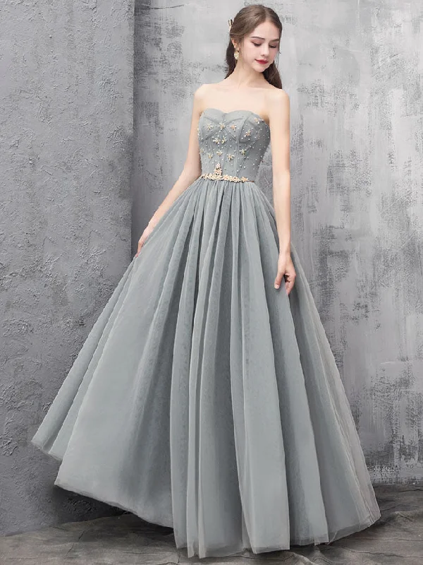 women's halter dressesGray A-line Tulle Long Prom Dress Gray A-line Formal Evening Dress