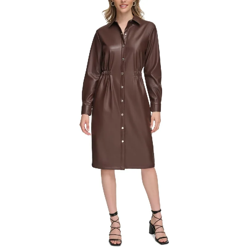 women's one-shoulder dressesCalvin Klein Womens Faux Leather Midi Shirtdress