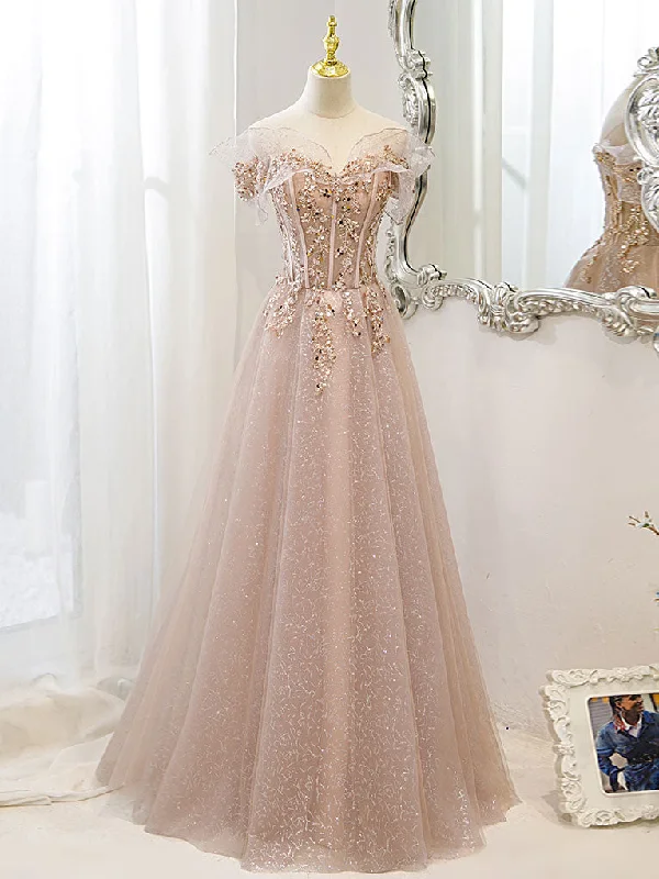 Shift DressChampagne Tulle Lace A line Long Prom Dress, Lace Champagne Evening Dress