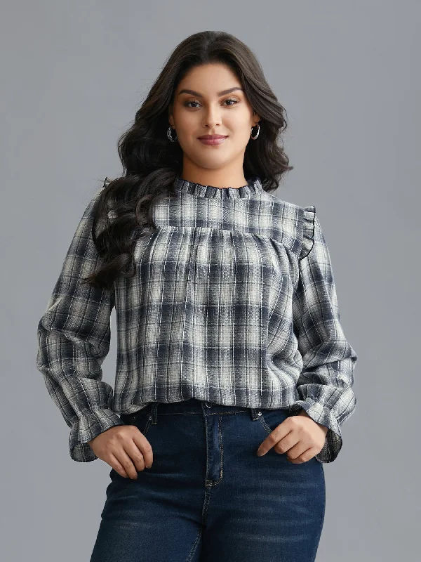 women's tops with unique designsPlaid Ruffle Trim Gathered Blouse