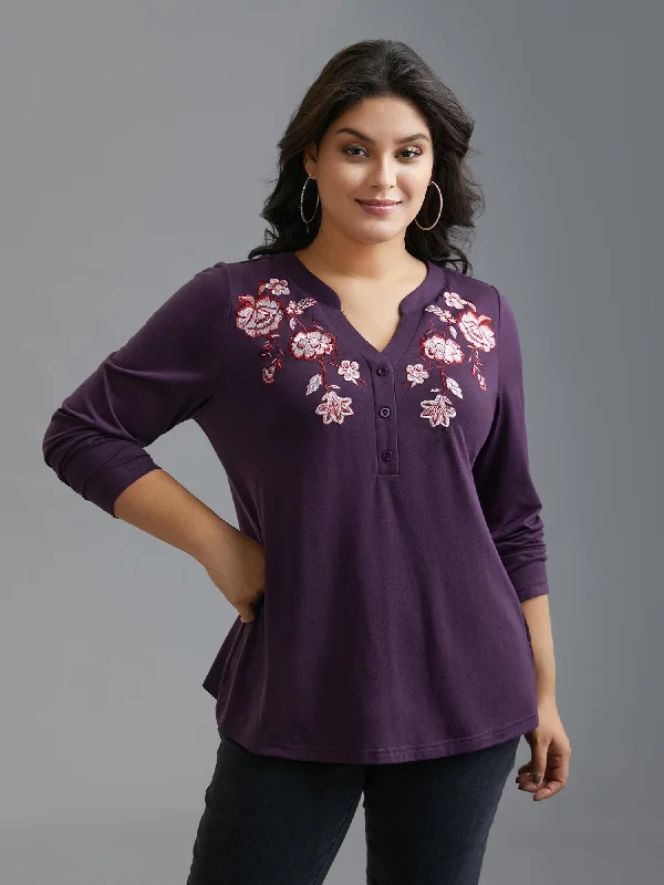 women's tops for business casual attireNotched Floral Embroidered  Button Top