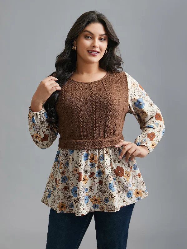 women's tops with lace-up frontsMixed Texture Floral Combined Blouse