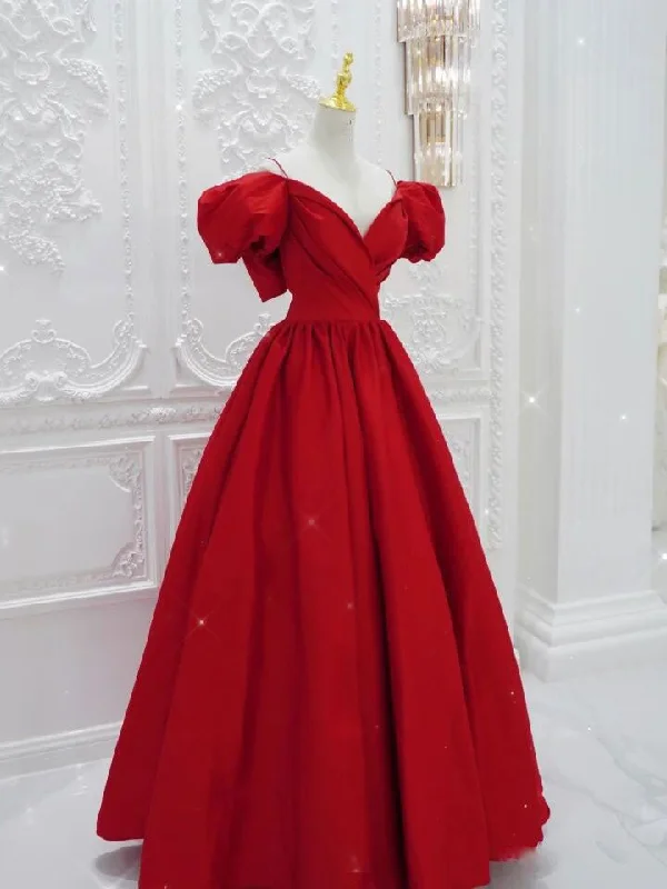 Bohemian DressRed V Neck Satin Long Prom Dress, Red Formal Evening Dresses