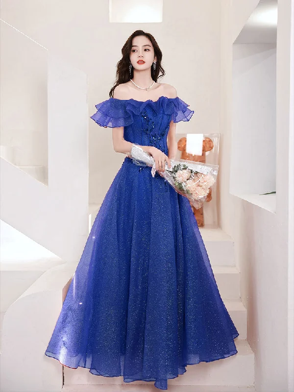 women's midi dressesBlue Tulle Off Shoulder Long Prom Dress, Tulle A line Evening Dress