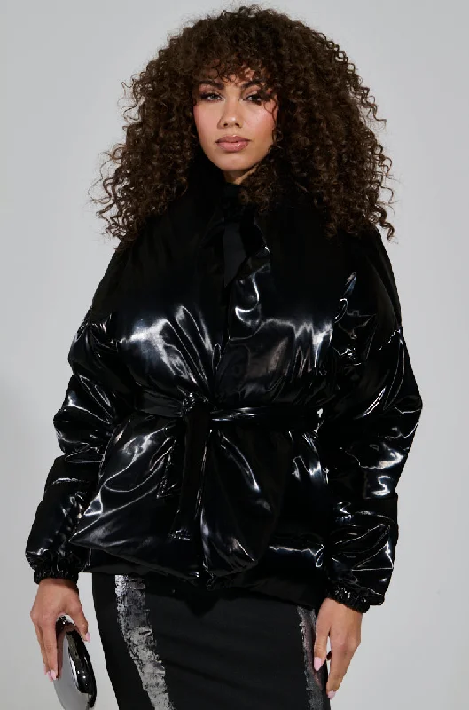 women's coats with lace detailingLIQUID METAL WRAP PUFFER