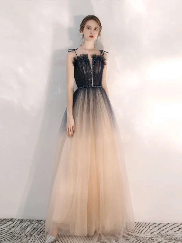 women's high-end dressesChampagne A line Tulle Sequin Long Prom Dress, Champagne Evening Dress