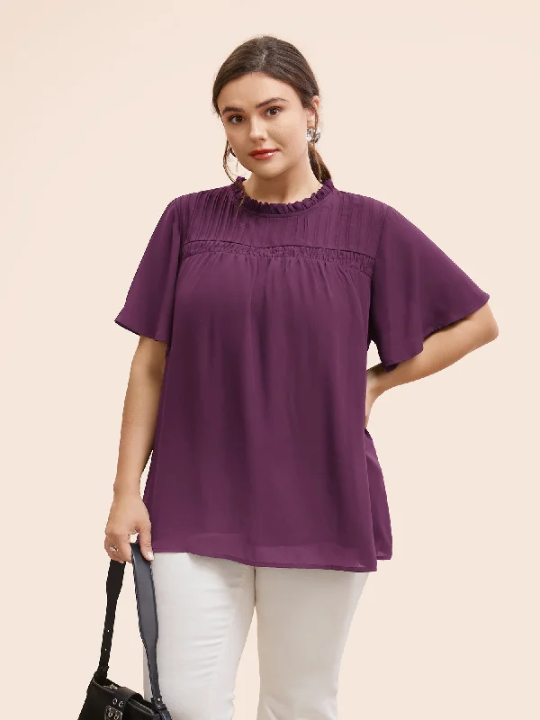 women's tops for those who want to wear pieces that are both functional and fashionableAnti-Wrinkle Shirred Ruffle Sleeve Mesh Frill Trim Blouse