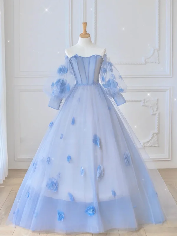 Embellished DressBlue Sweetheart Tulle 3D Flower Long Prom Dress, Blue Evening Dress