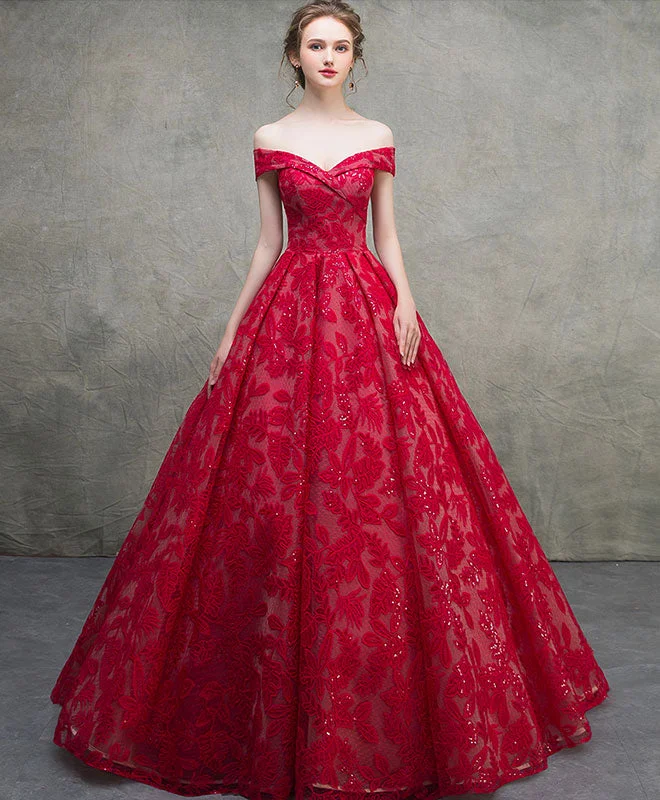 Fit-And-Flare DressRed Off Shoulder Lace Long Prom Dress, Red Lace Long Evening Dress