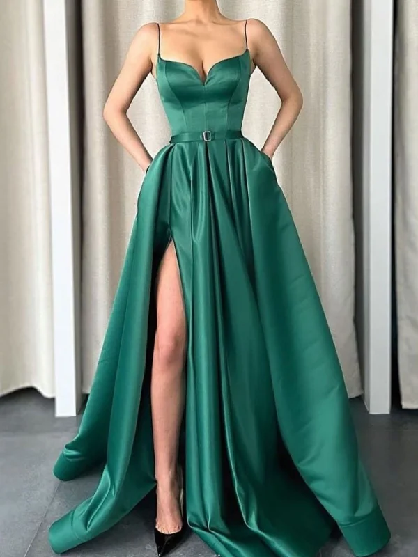 Laced DressSimple Green Satin Long Prom Dresses, Green Formal Evening Dresses