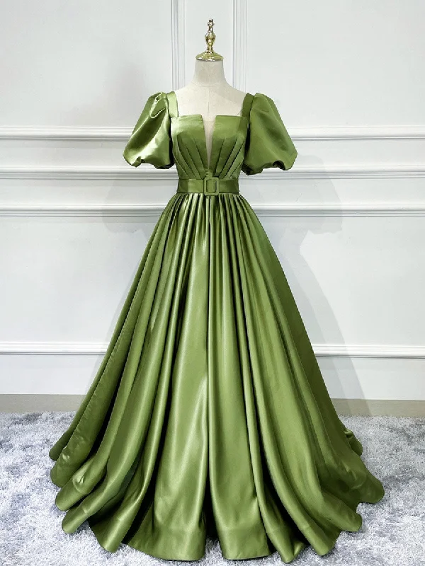 Scoop-Neck DressA line Satin Long Green Prom Dresses, Green Formal Evening Graduation Dresses