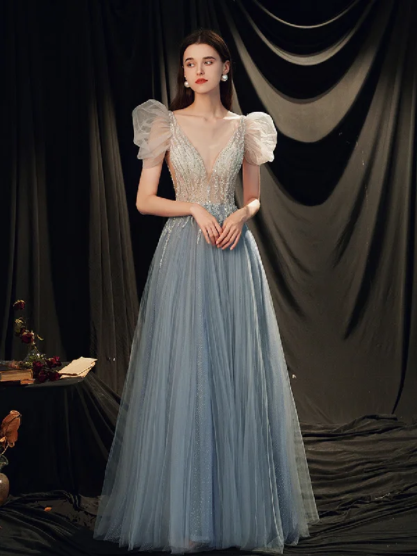 women's vintage dressesGray Blue V Neck Tulle Sequin Long Prom Dress, Gray Blue Evening Dress