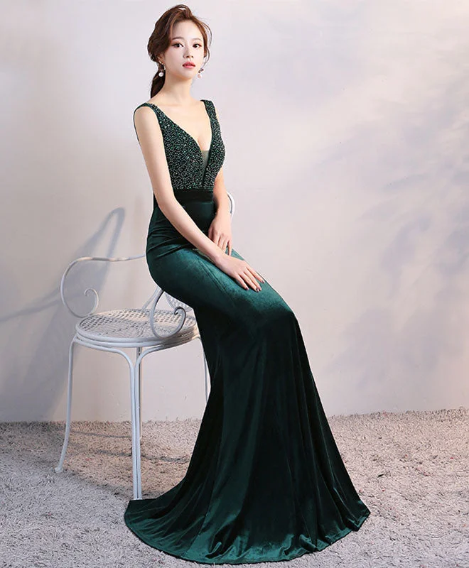 Bell-Sleeve DressGreen V Neck Velvet Long Prom Dress, Mermaid Evening Dress