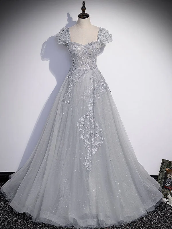 Backless DressGray Sweetheart Neck Tulle Lace Long Prom Dress, Gray Evening Dress