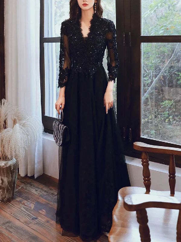 Ruffled Hem DressBlack V Neck Tulle Lace  Beads Long Prom Dress, Black Tulle Evening Dresses