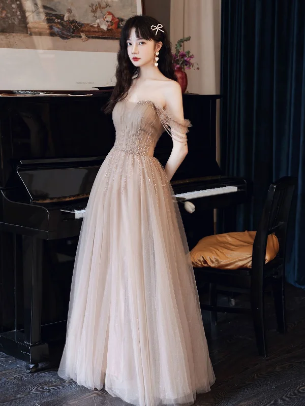 Ball Gown DressChampagne A line Tulle Beads Long Prom Dress, Champagne Evening Dresses