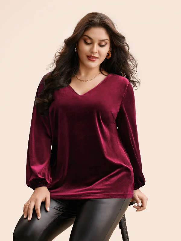 cozy women's tops for fall and winterV Neck Velvet Lantern Sleeve Blouse