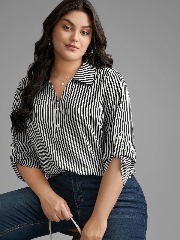 women's tops for those who want to show off their figure in a flattering wayStriped Button Cuff Sleeve Split Hem Blouse