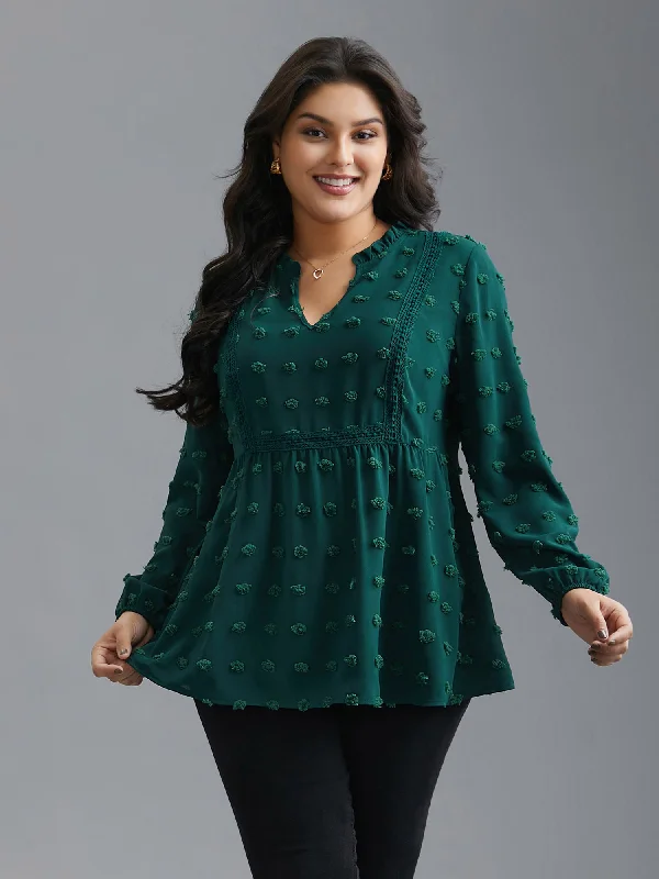 women's tops with unique designsNotched Collar Ruffle Trim Textured Blouse