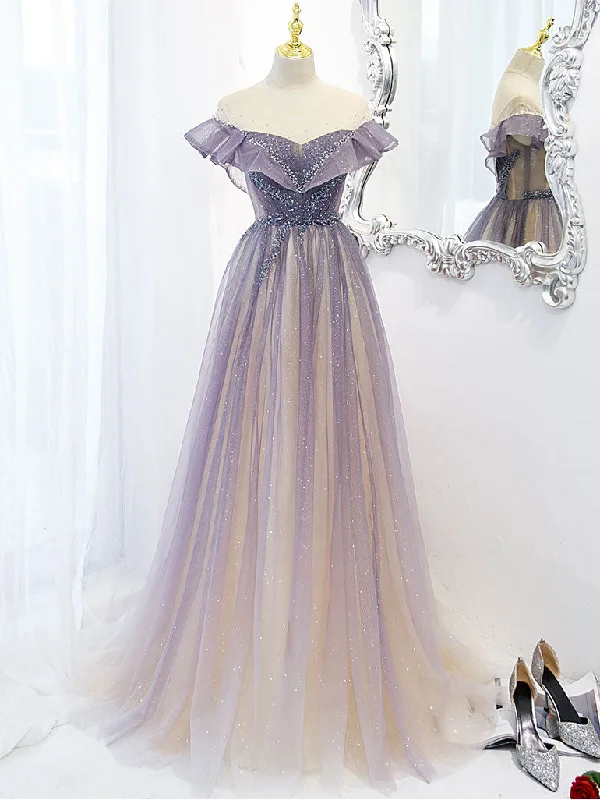 women's neon dressesPurple Off Shoulder Tulle Sequin Long Prom Dress, Purple Evening Dress