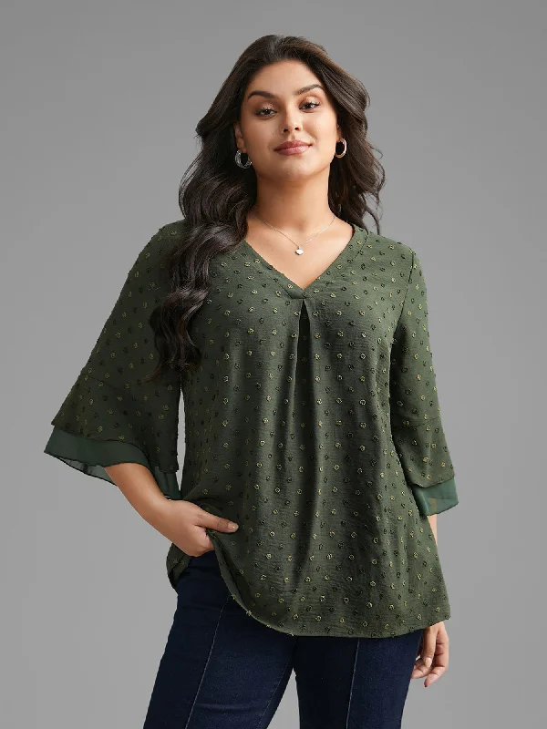 women's tops for those who love to mix and match prints and patternsTextured Pleated Tiered Ruffle Sleeve Blouse