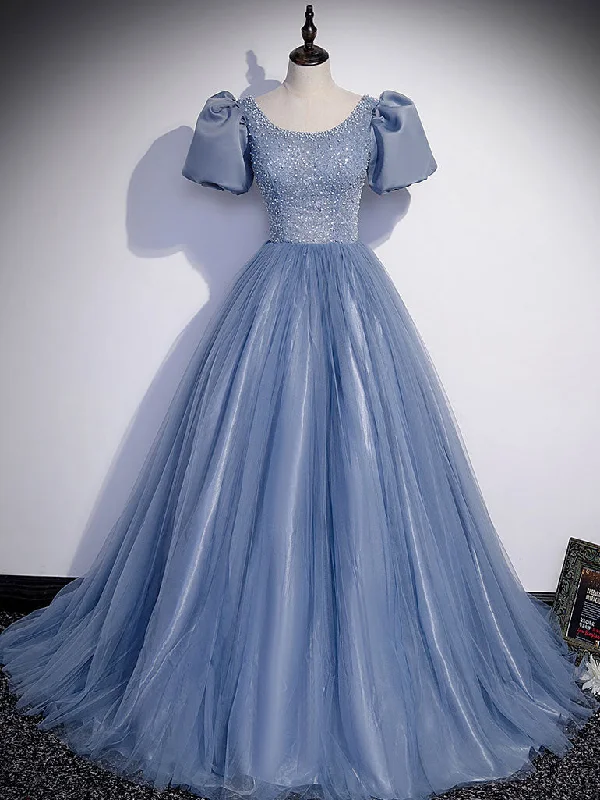 Short-Sleeve DressBlue Round Neck Tulle Sequin Beads Long Prom Dress, Blue Evening Dress