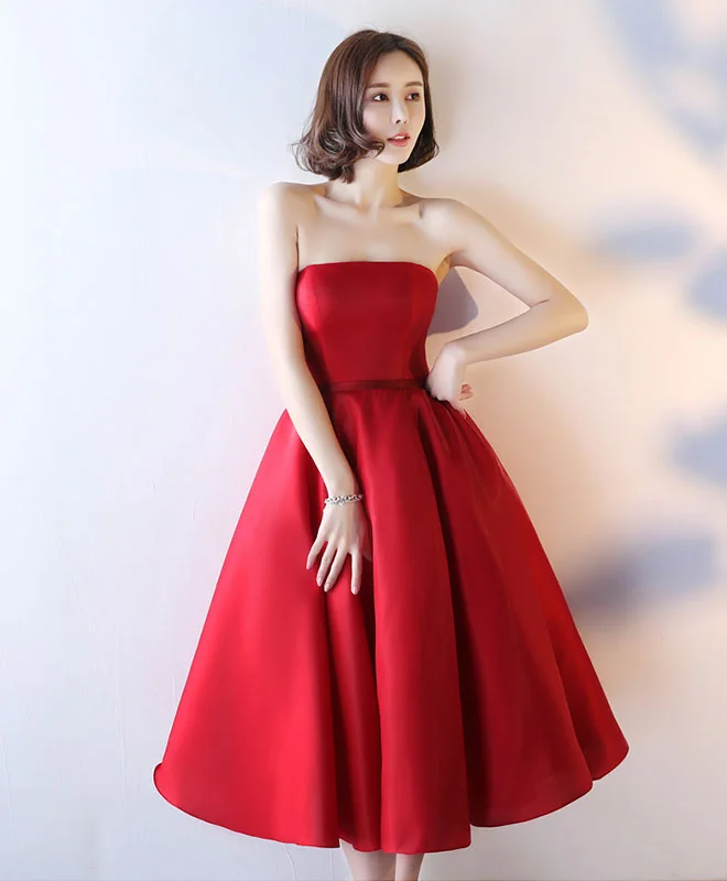 Velveteen DressSimple Red Strapless Tea Length Prom Dress, Red Evening Dress