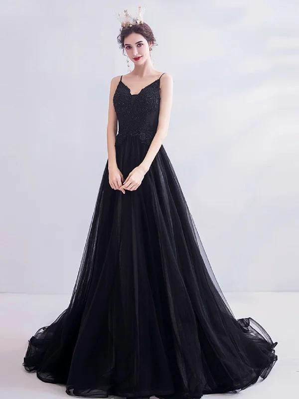 Velveteen DressBlack V Neck Tulle Lace Long Prom Dress, Black Evening Dress