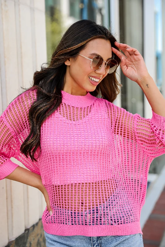 chic women's tops for everyday wearFINAL SALE - Oh So Sunny Pink Crochet Open Knit Top