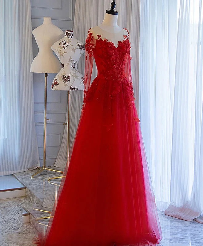 Party DressRed Tulle Lace Off Shoulder Long Prom Dress Red Lace Evening Dress