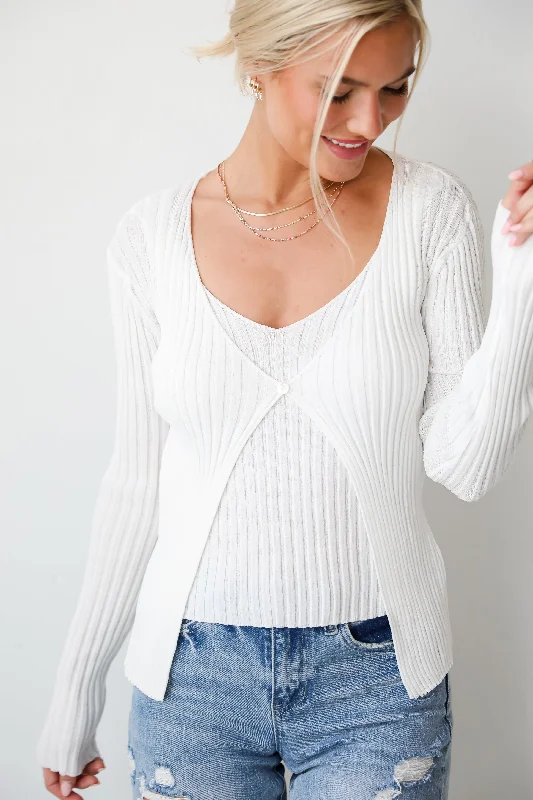 women's tops for boho-chic stylesFINAL SALE - Essential Companion Ivory Ribbed Knit Cardigan Top