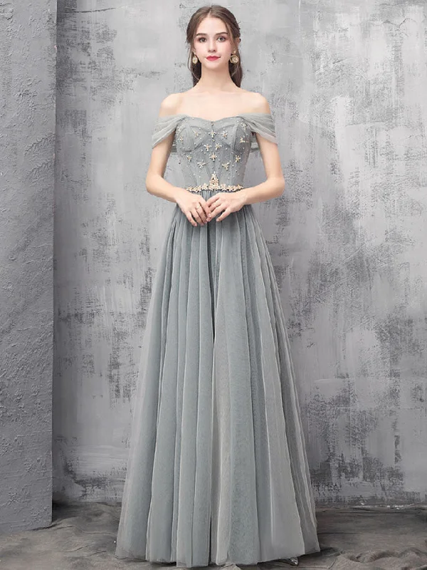 women's short-sleeved dressesGray A-line Off Shoulder Tulle Beads Long Prom Dress, Gray Evening Dress