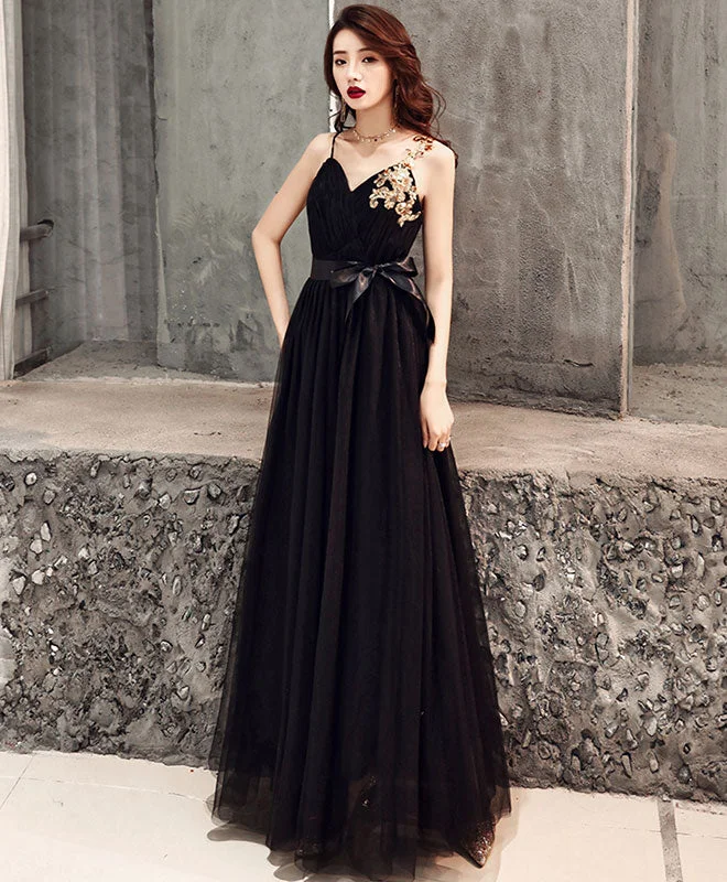 women's handmade dressesBlack Sweetheart Tulle Long Prom Dress, Black Tulle Evening Dress