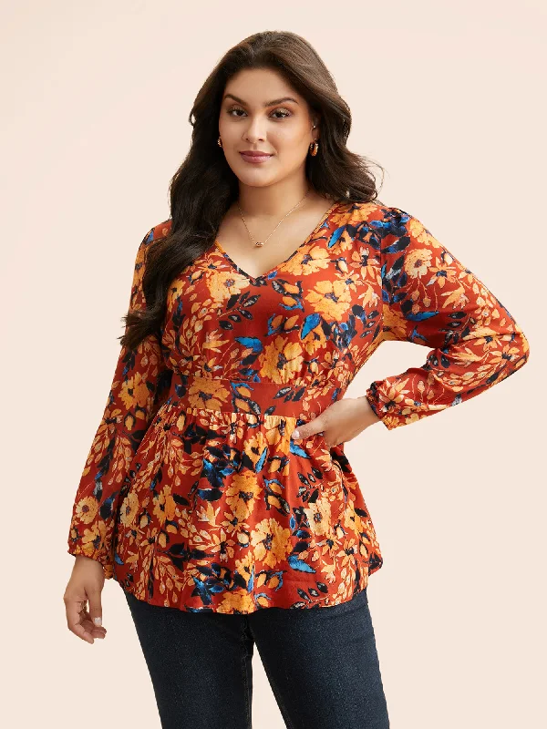 camisoles for womenFloral Shirred Gathered Lantern Sleeve Blouse