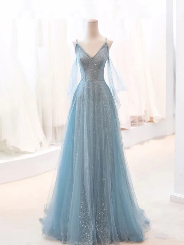 Peplum Hem DressGray Blue V Neck Tulle Sequin Long Prom Dress, Blue Evening Dress