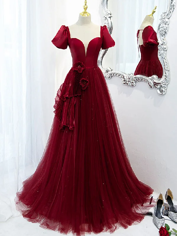 Off-The-Shoulder DressBurgundy Tulle Long Prom Dress, Burgundy Tulle Evening Dress